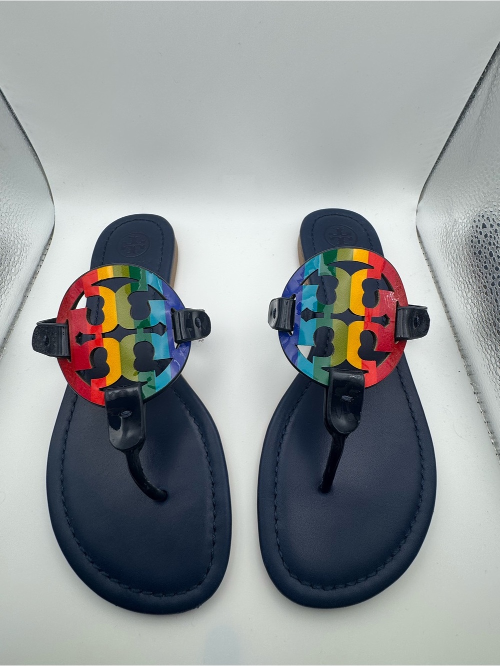 Tory Burch Navy Sandals with Rainbow Logo Medallions